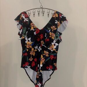 SHEIN Black and Red One Piece Swimsuit with Ruffle Details